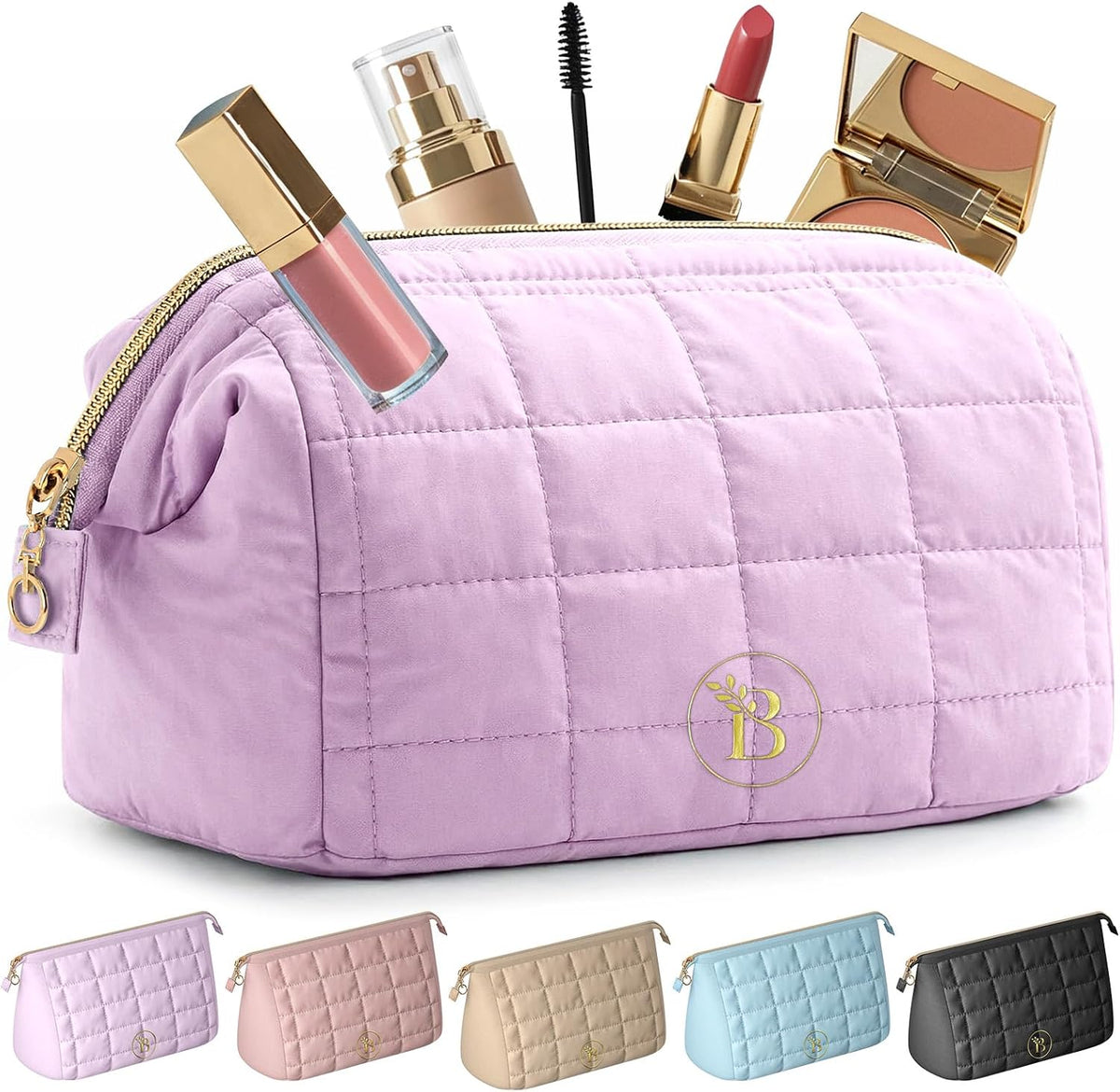 Bloomora Quilted Pink Makeup Bag front view travel cosmetic pouch