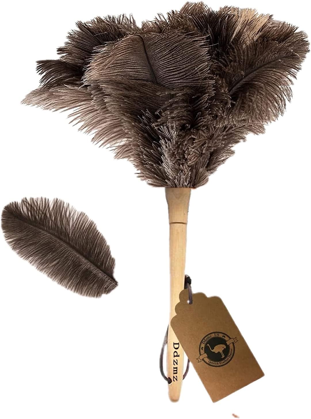 Ostrich Feather Duster,Feather Duster Fluffy Natural Genuine Ostrich Feathers with Wooden Handle and Eco-Friendly Reusable Handheld Ostrich Feather Duster Cleaning Supplies, Gray and Brown(Length 16") - Image 1