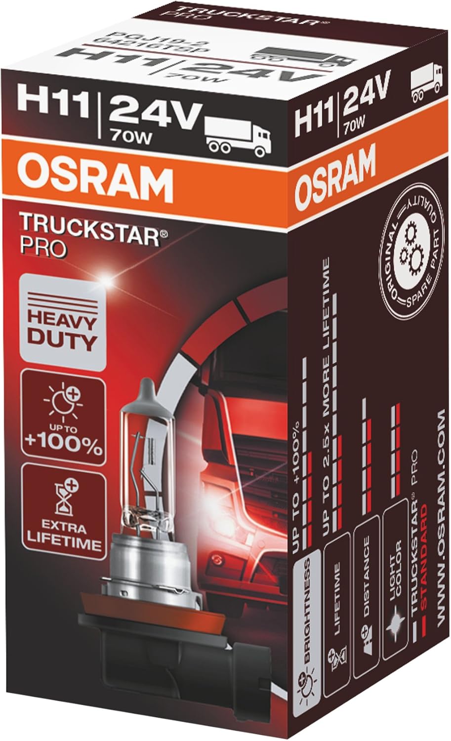Osram Truckstar Pro H11 24V halogen headlamp front view for commercial trucks.