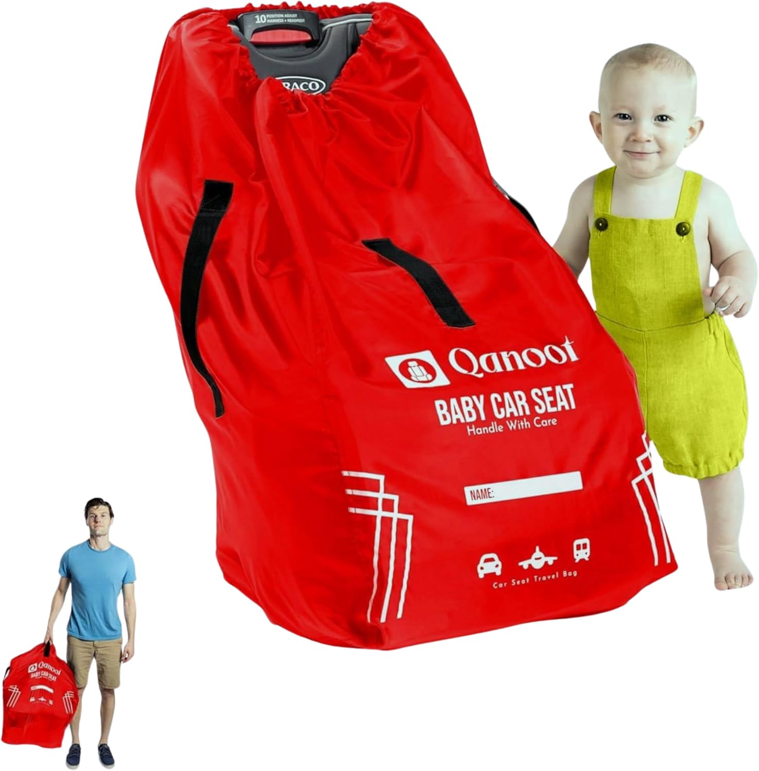 Qanoot infant car seat travel bag for airplane front view showing durable red fabric and black handles.