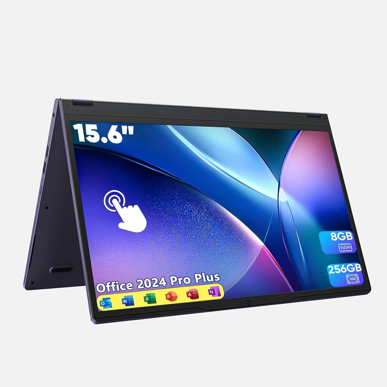 Tunhail 2-in-1 touchscreen laptop front view showing vivid display screen