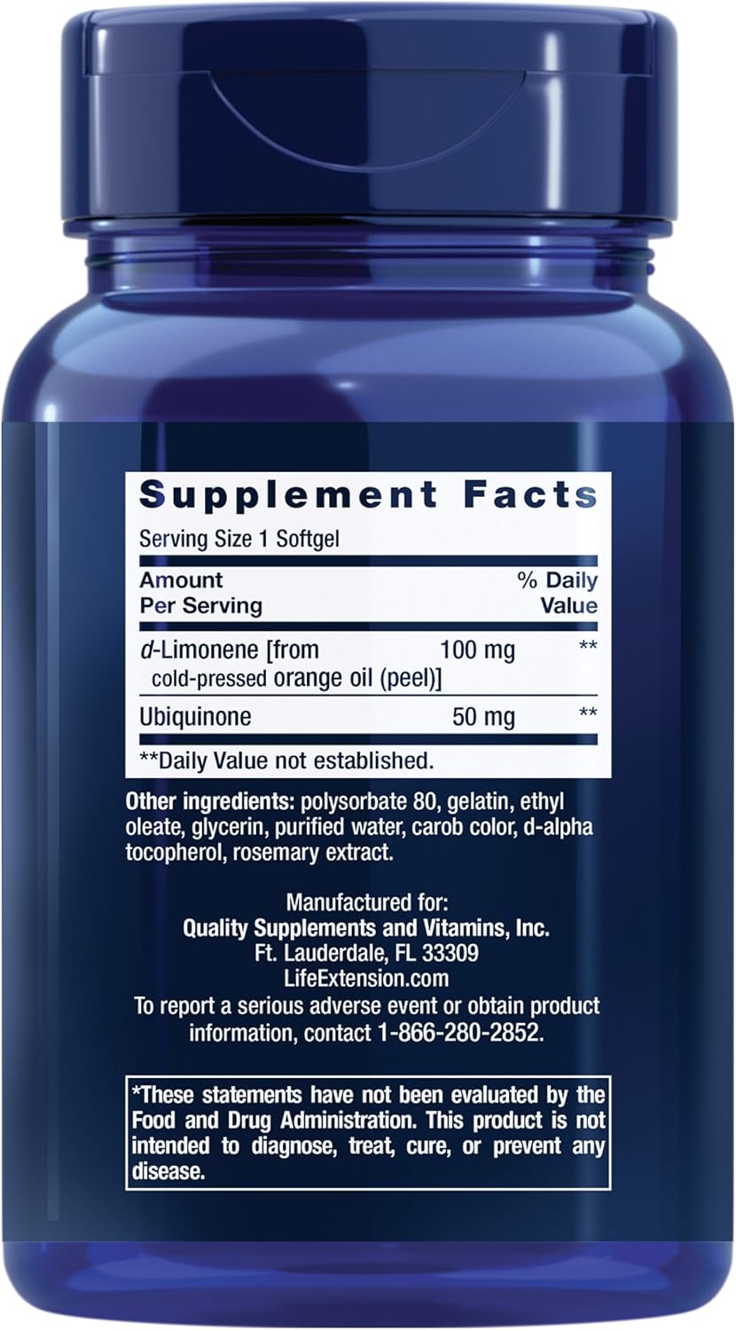 Life Extension CoQ10 softgels nutritional facts supplement label