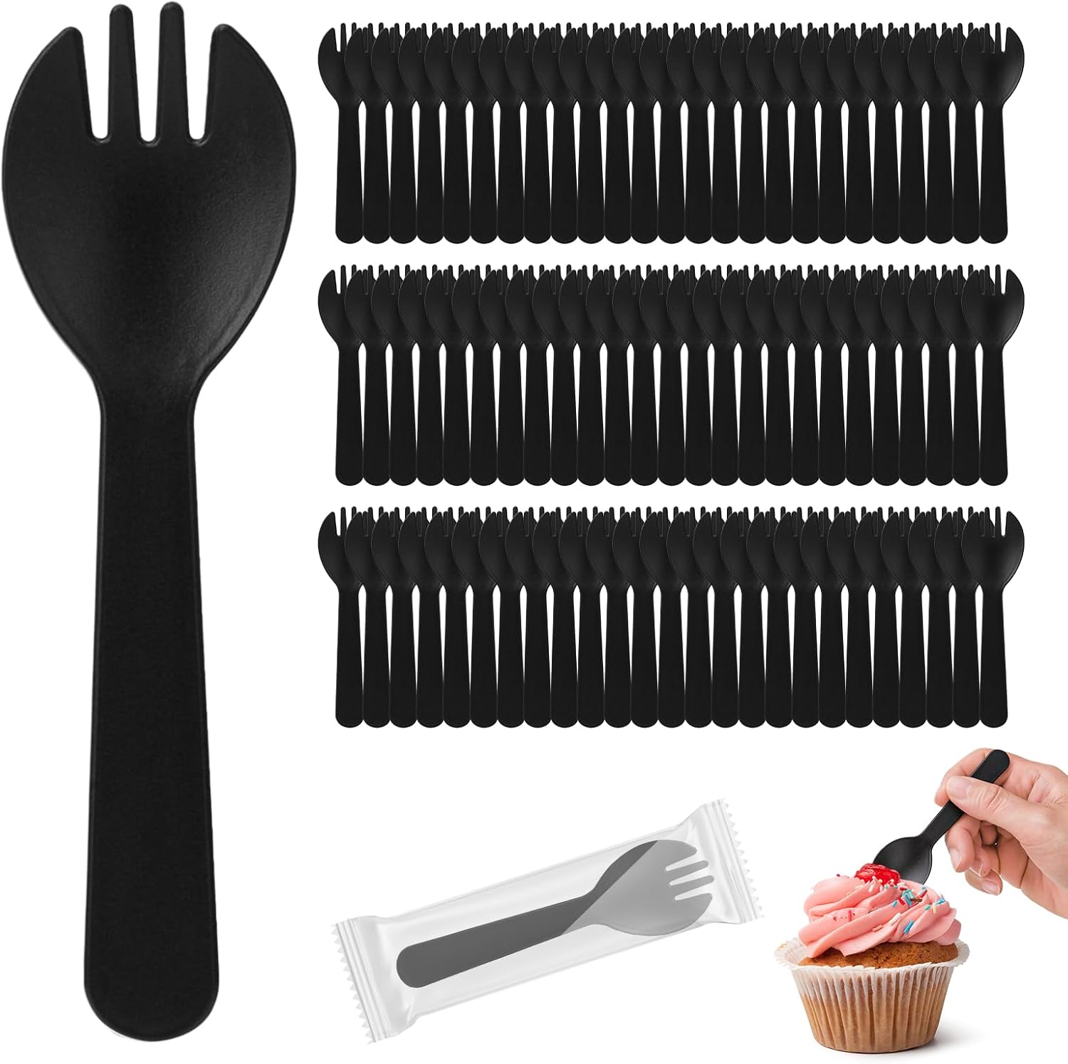 Cofimkate mini plastic spork front view of individual packaging