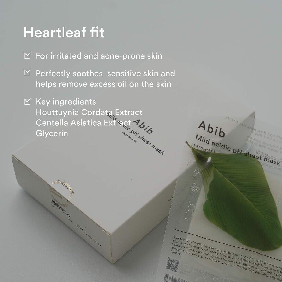 Back view of Abib Heartleaf Fit sheet mask packaging with ingredient breakdown