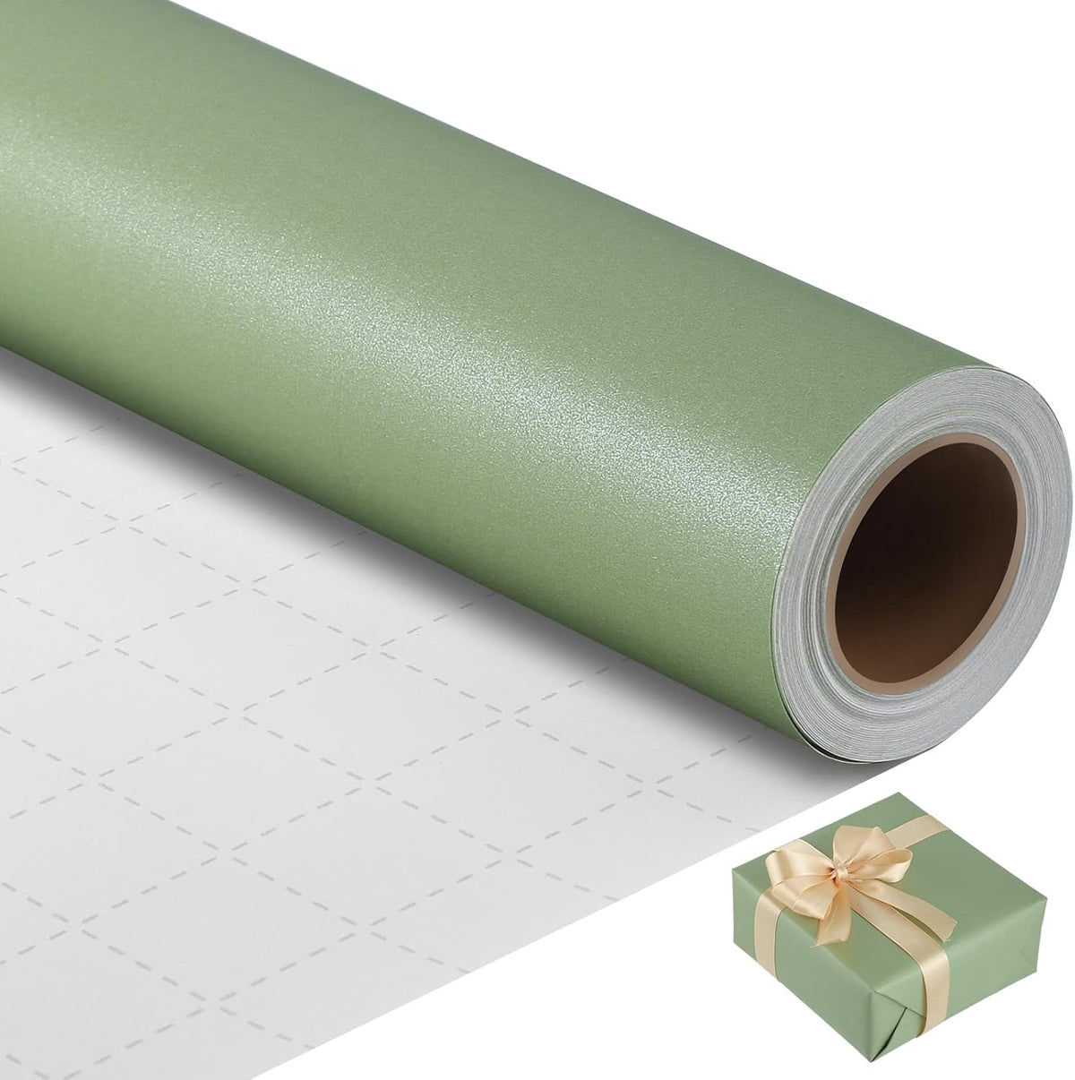Woric Sage Green Wrapping Paper Roll front view showing the elegant pearly lustre matte finish