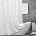 TURKIO white boho fabric shower curtain front view in modern bathroom