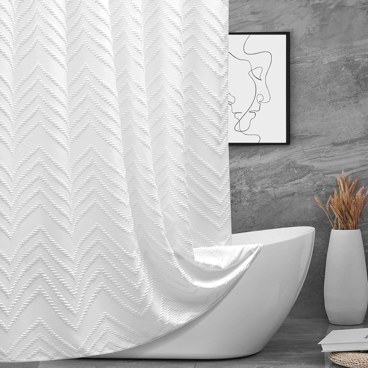 TURKIO white boho fabric shower curtain front view in modern bathroom