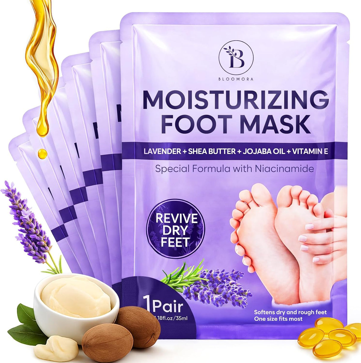 6 Pack Moisturizing Foot Mask for Dry Cracked Feet, Restoring & Hydrating Socks with Lavender, Shea Butter, Jojoba Oil & Vitamin E, Feet Mask for Women & Men Foot Care - Image 9