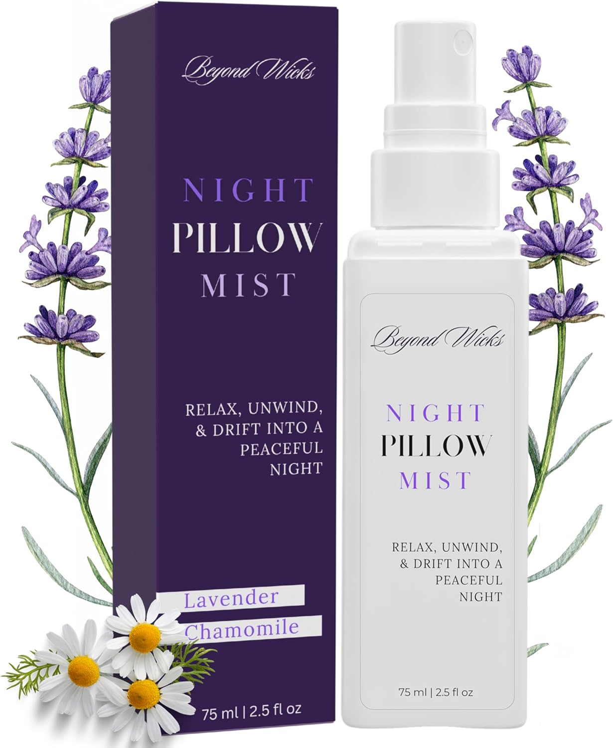 Pillow Spray – Lavender Chamomile Sleep Spray with Essential Oils – Relaxing Aromatherapy Mist for Pillows, Bedding, and Linens – Nighttime Pillow Mist – 75ml (2.5 fl oz) by Beyond Wicks - Image 1