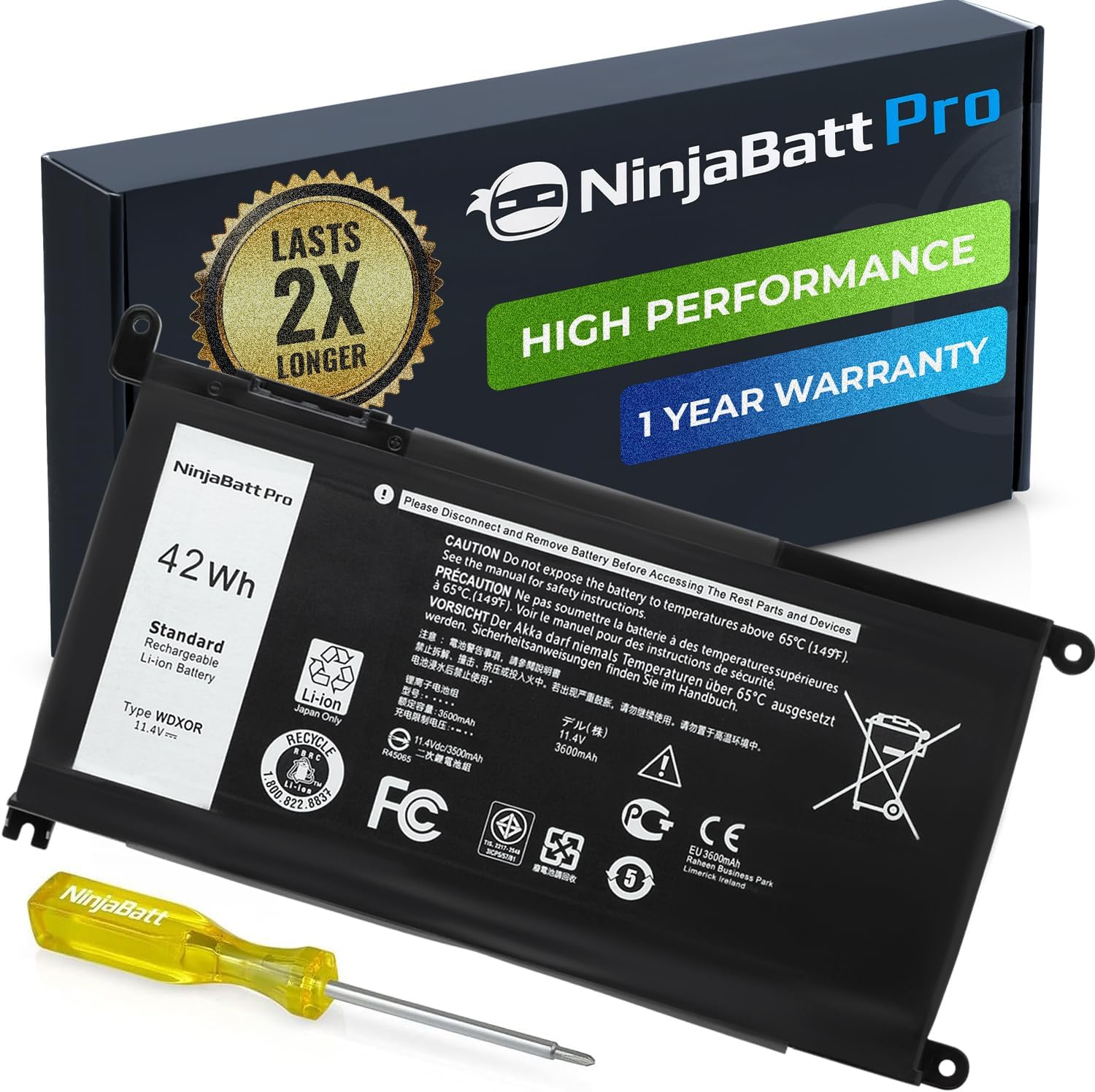 NinjaBatt replacement laptop battery front view highlighting the technical specifications label.