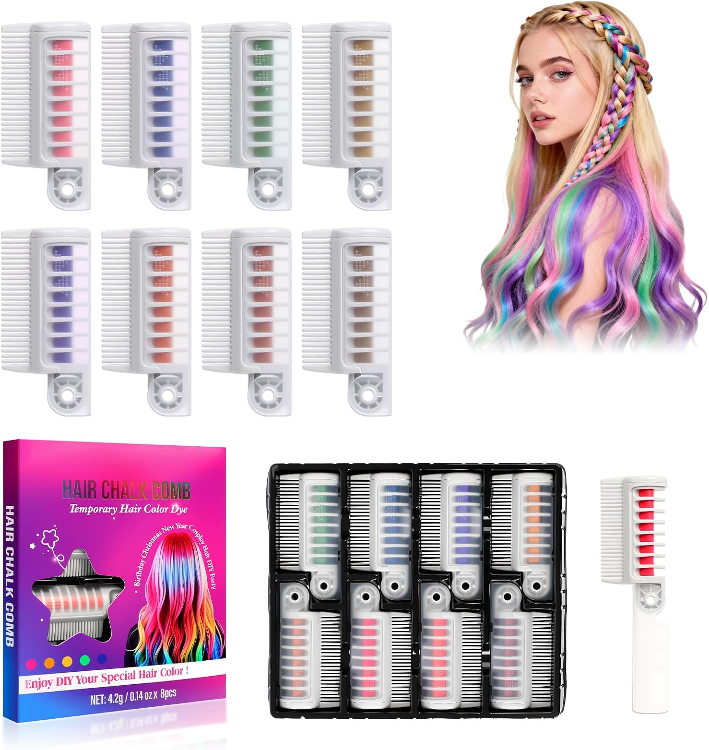 Festive Fun Hair Chalk Combs, 8 Color Washable Hair Chalk Set, Hair Color Comb Temporary Hair Chalk Comb,for All Ages for Birthday Party, Christmas Gifts - Image 1