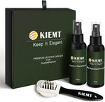 GQQCWVW KIEMT Premium Suede and Nubuck Care Kit front view showing cleaner and protector bottles.