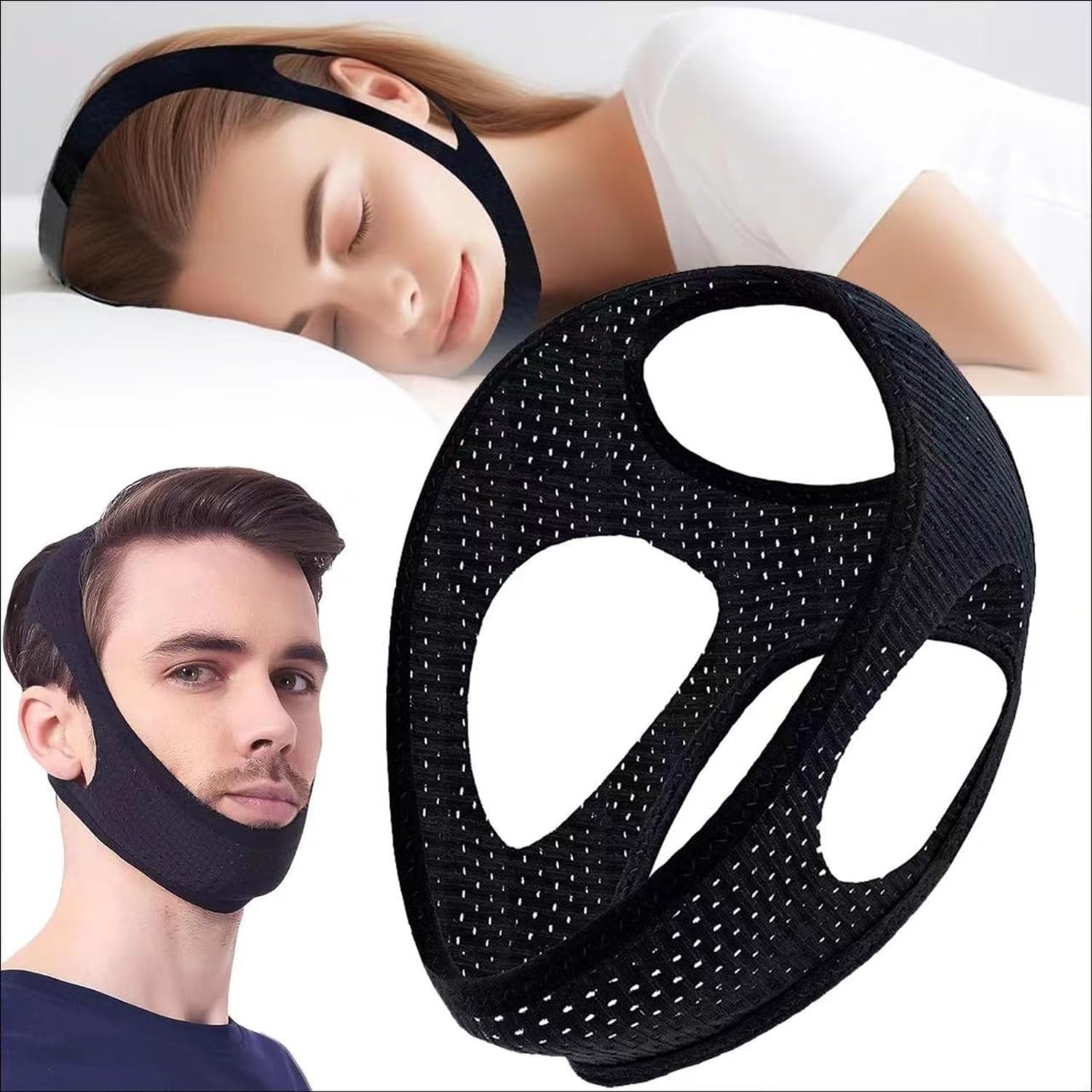 Chin Strap for Sleeping - Anti Snoring Devices, Effective Anti Snoring Solution, Adjustable Breathable Airflow Jaw Strap, Reusable,Skin-Friendly Comfortable Sleeping, Black - Image 1