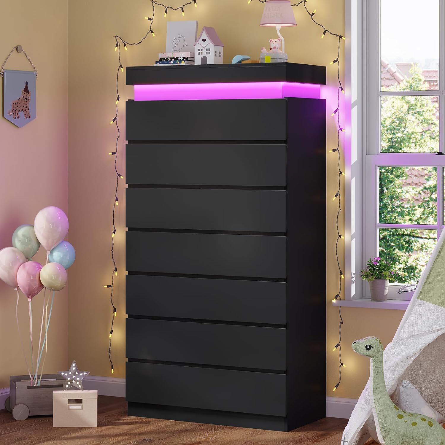 Hauoms tall 7 drawer dresser with LED light black front view