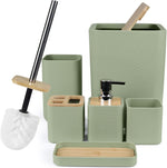 CERBIOR 6 piece bathroom accessories set front view showing green spiral design and bamboo accents