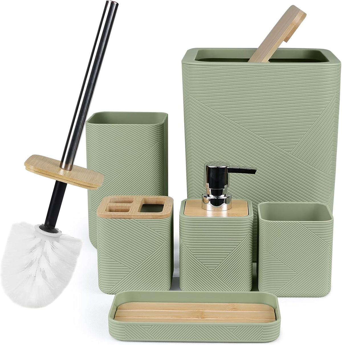 CERBIOR 6 piece bathroom accessories set front view showing green spiral design and bamboo accents