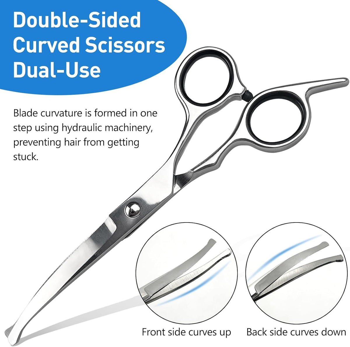 Jaasuee curved dog grooming scissors showing ergonomic handles and built-in silencer pads