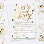 Sweetzer And Orange polka dot party invitations front view showing gold foil letters