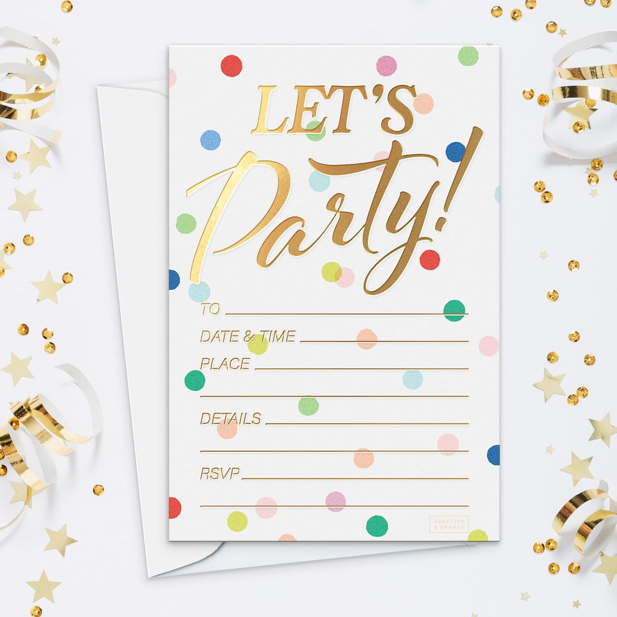 Sweetzer And Orange polka dot party invitations front view showing gold foil letters