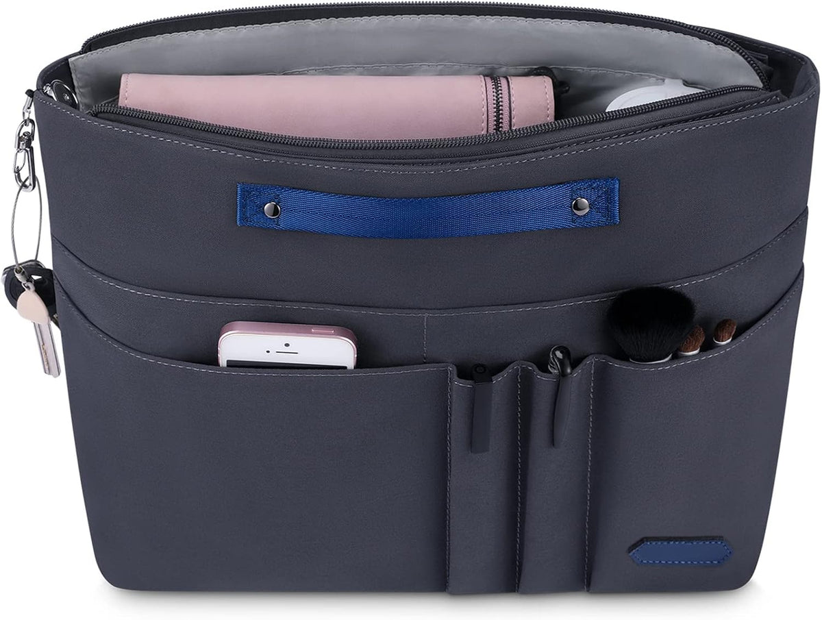 HyFanStr blue handbag organizer showing side pocket compartments