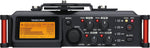 Tascam DR-70D audio recorder side profile displaying XLR combo inputs