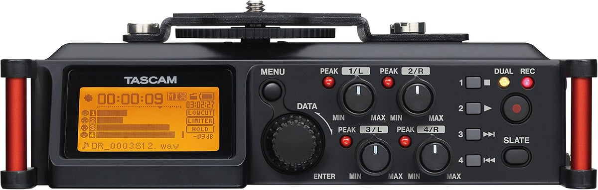 Tascam DR-70D audio recorder side profile displaying XLR combo inputs