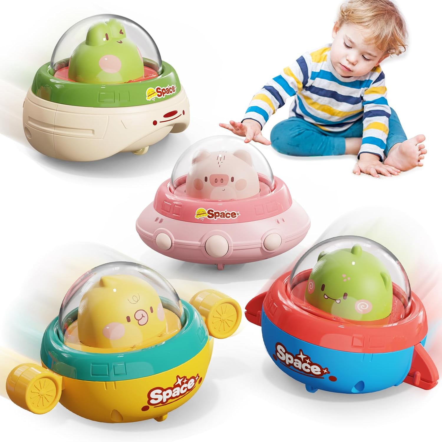 NUMBERFUN press and go animal car toys front view of four pack colorful spaceship vehicles for toddlers.
