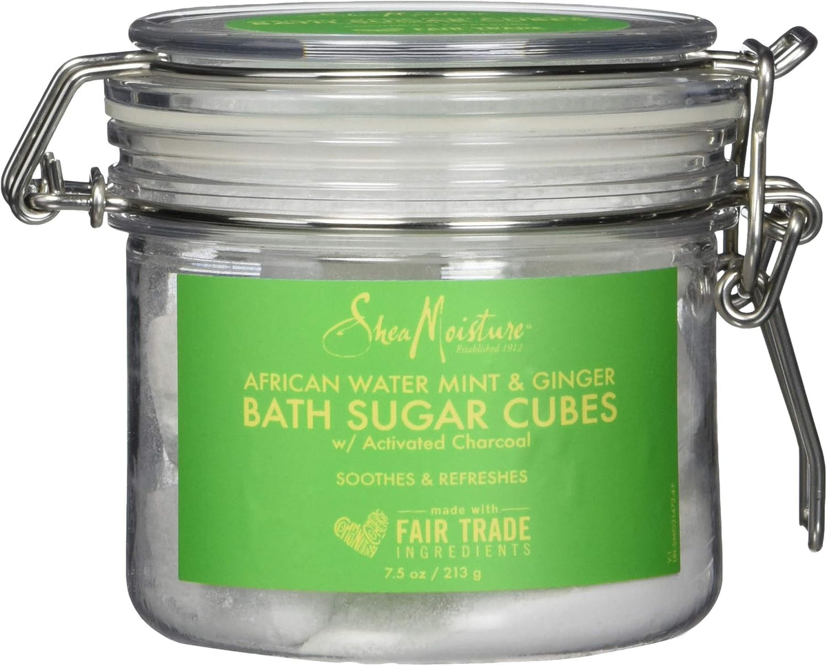 Shea Moisture African Water Mint and Ginger Bath Sugar Cubes front view in glass jar