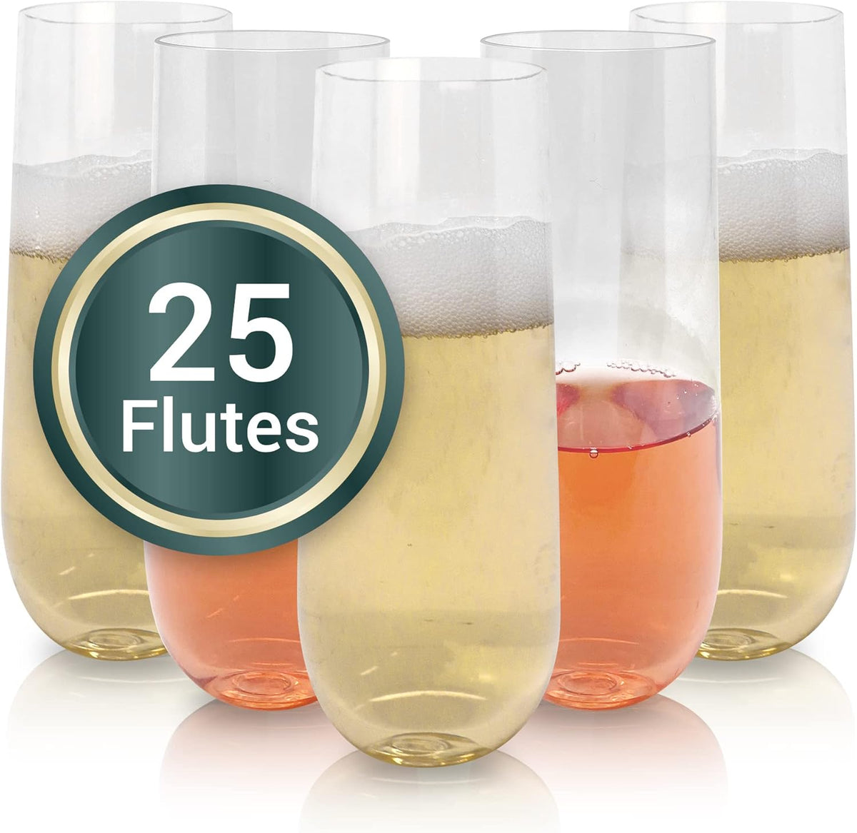 Reli. Champagne Flutes Plastic 25 Pack front view clear stemless party glasses.