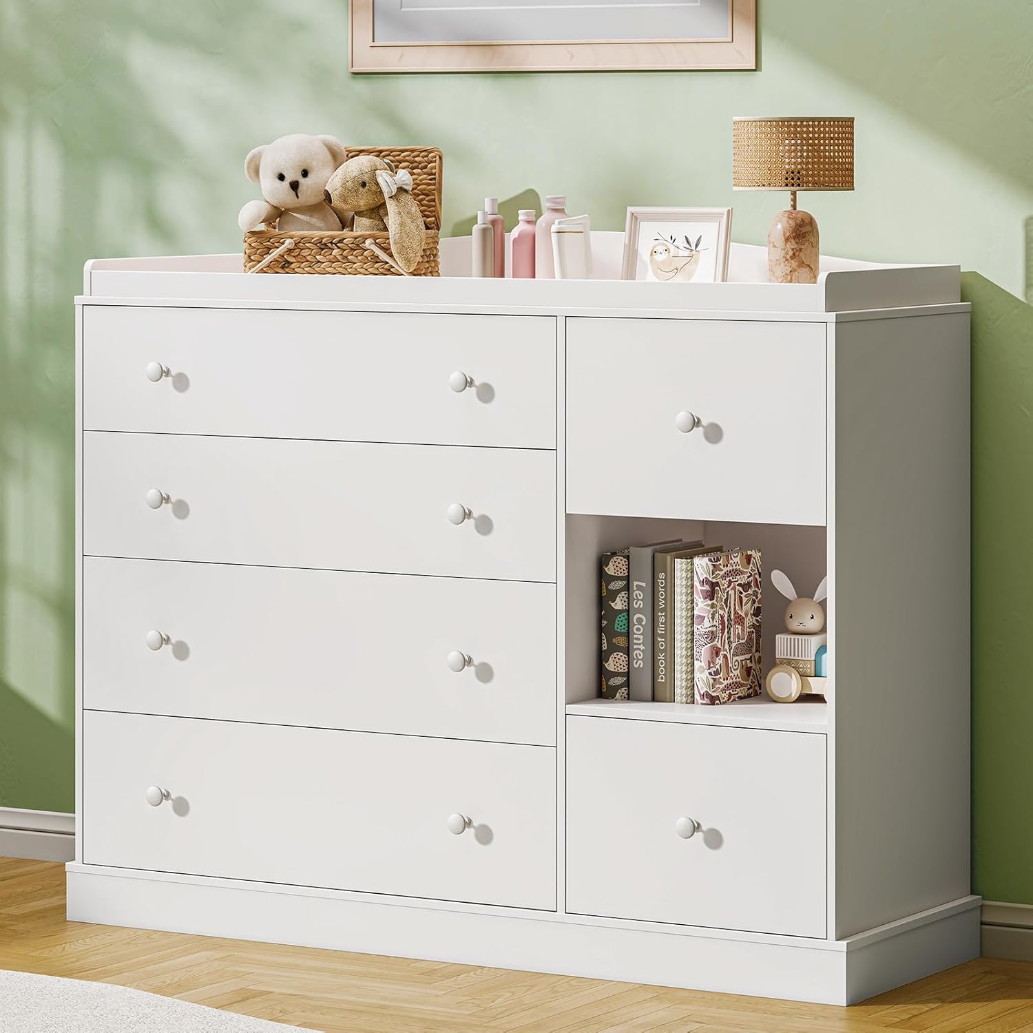 Vabches kids dresser cabinet front view white six drawer nursery chest.