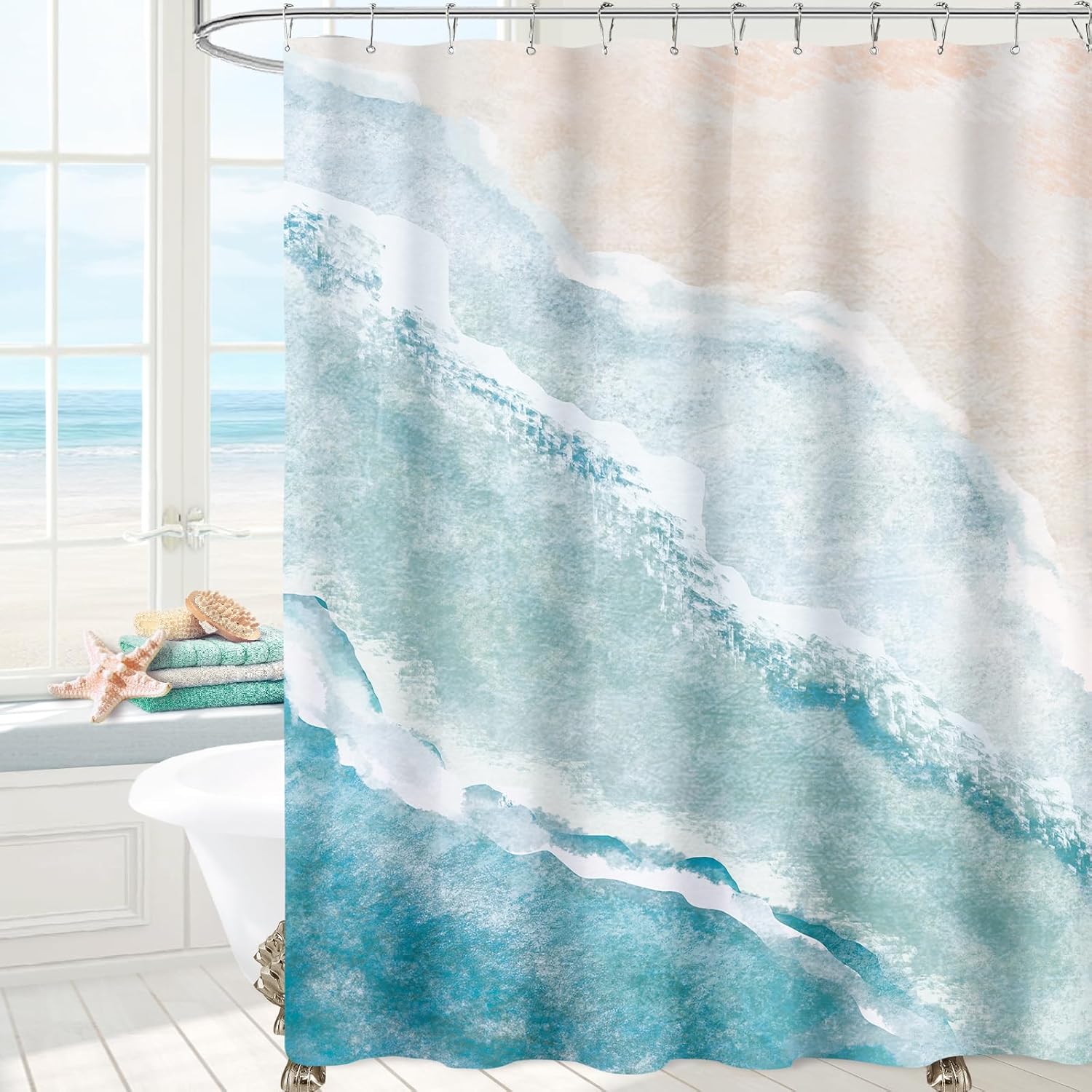 MAYZUS Beach Ocean Themed Shower Curtain front view featuring teal blue watercolor waves and sandy beach design.