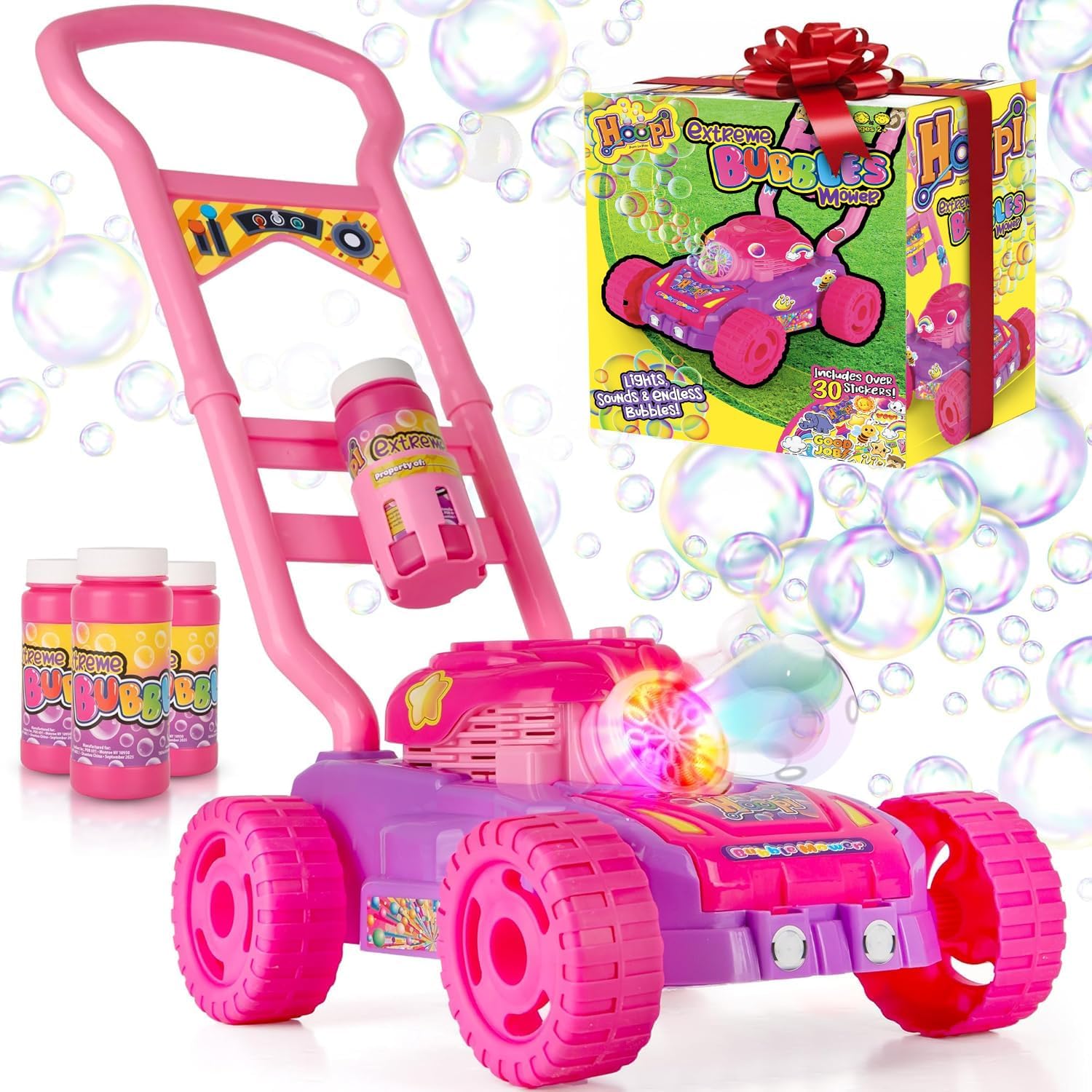 Hoopi Extreme Bubbles Lawn Mower front view for toddlers