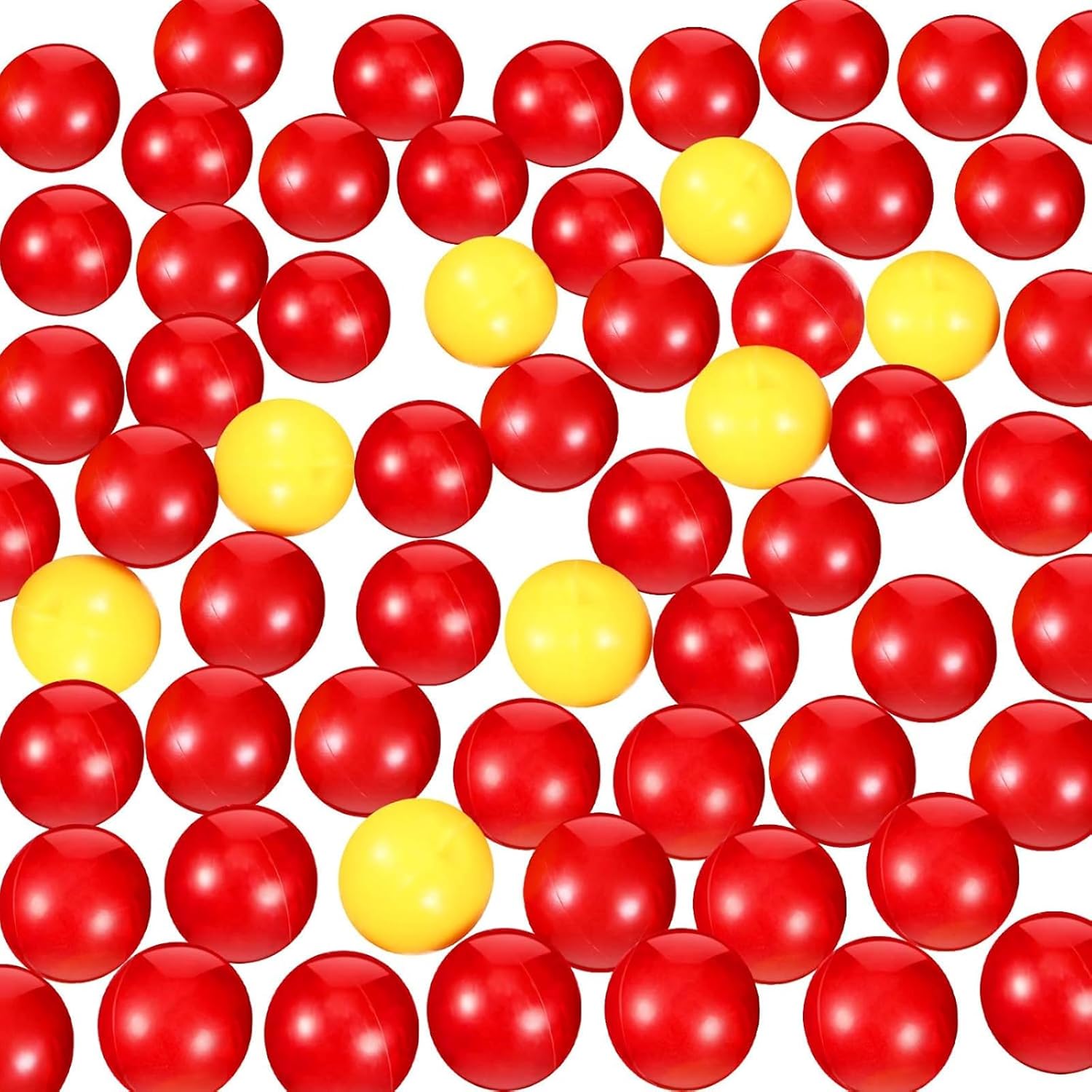 Gejoy eighty-four piece game replacement balls set front view showcasing vibrant red and yellow plastic marbles