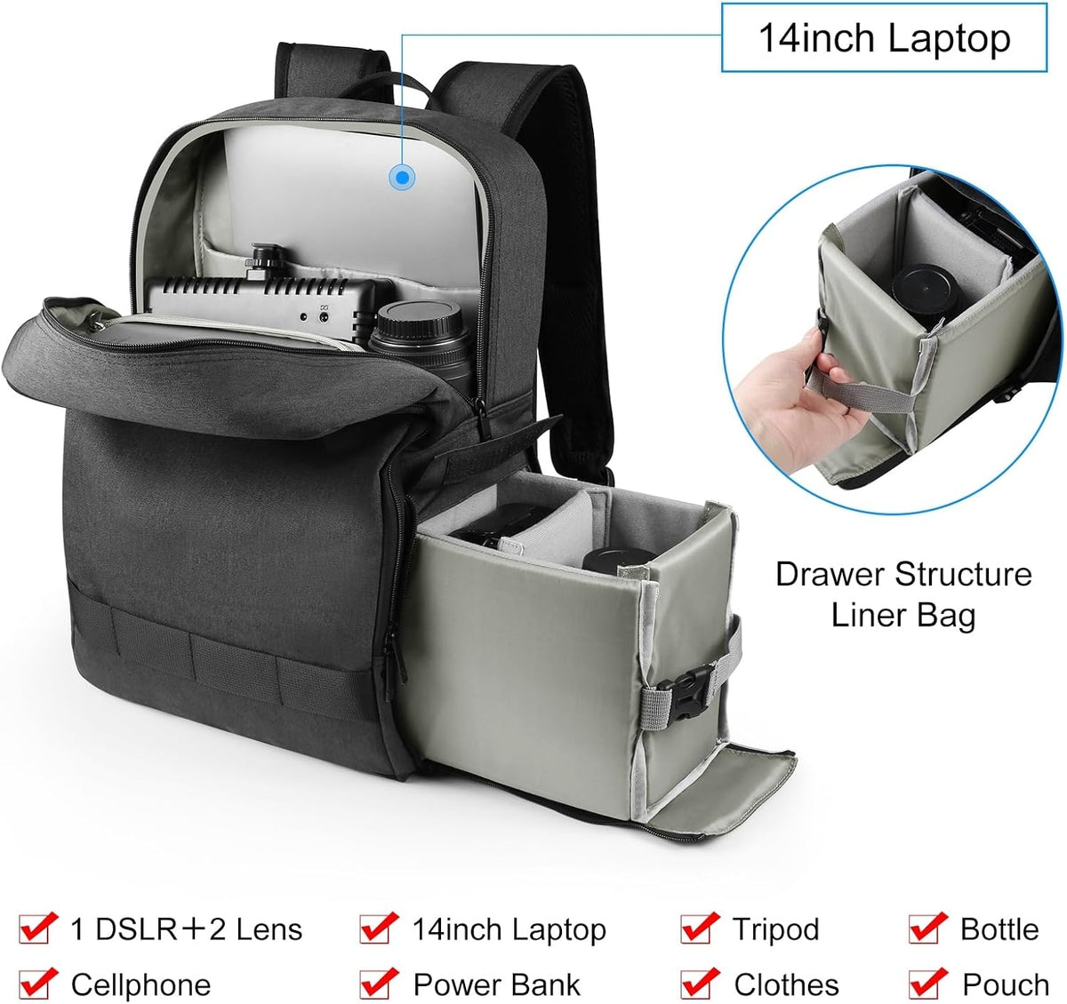 PULUZ DSLR camera backpack interior showing customizable sponge partitions