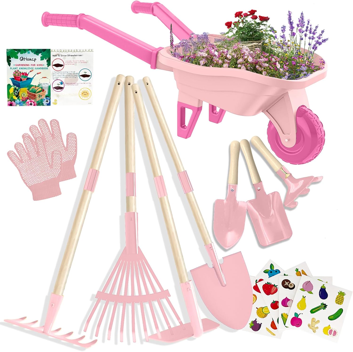 Qtioucp kids gardening tools set front view featuring pink wheelbarrow and wooden tools.