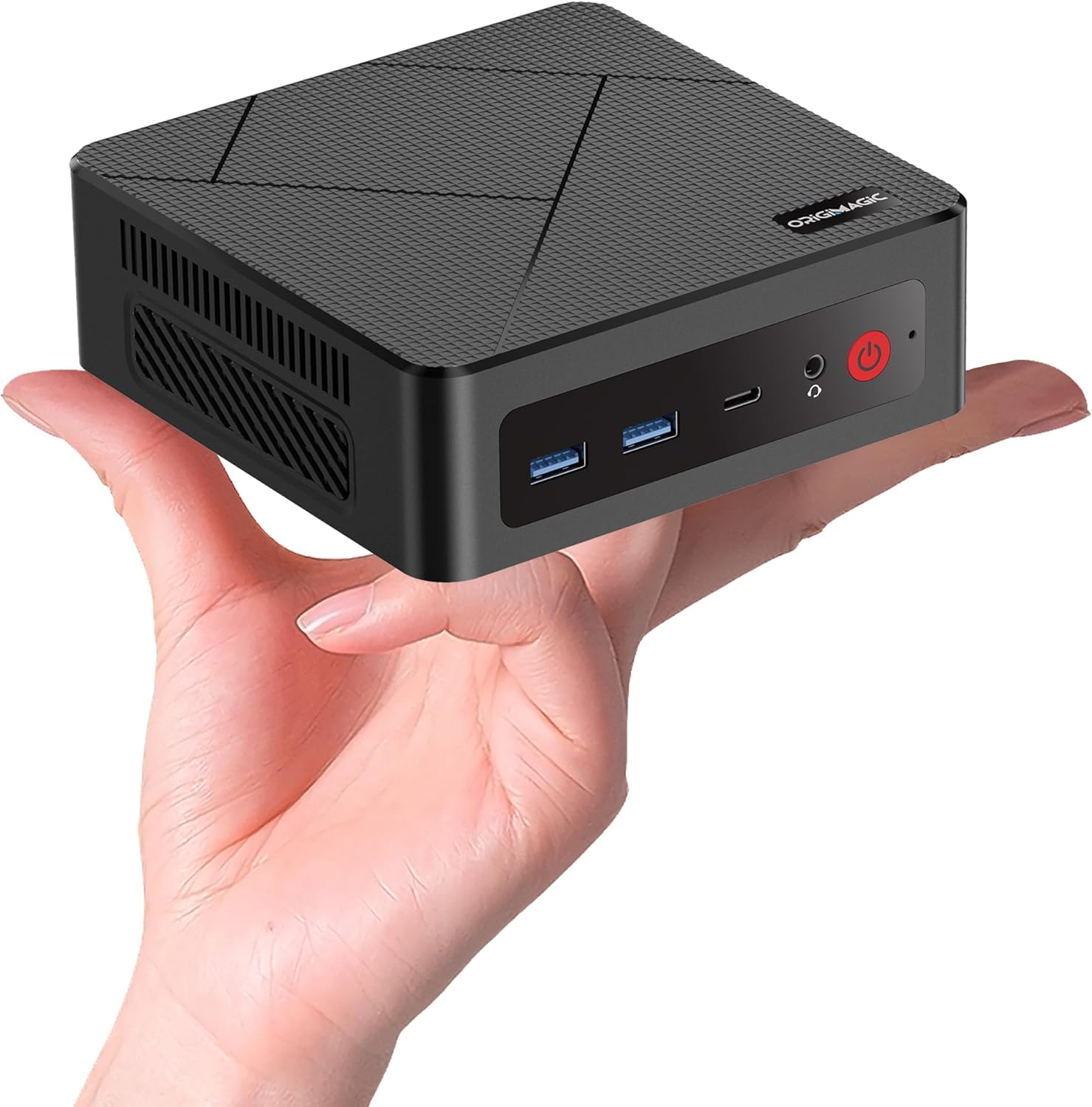 Origimagic C4 Mini PC front view with textured top cover