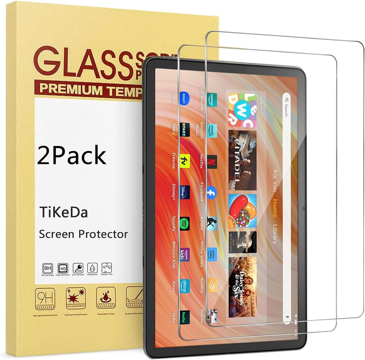 TiKeDa 2-Pack Tempered Glass Screen Protector for Fire HD 10 tablet front view