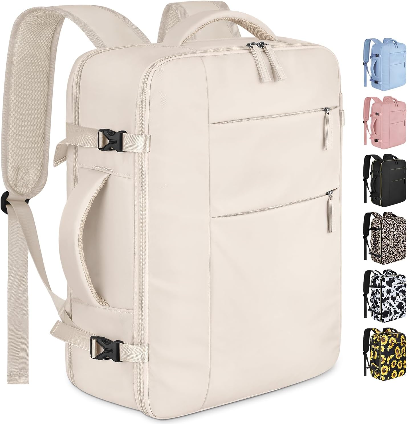 Capolo travel laptop backpack front view in beige color showing premium waterproof exterior