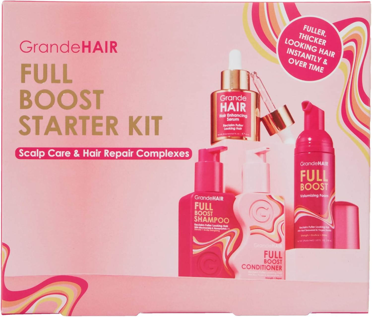 Grande Cosmetics GrandeHAIR Full Boost Starter Kit front view showing the 4 travel-size products