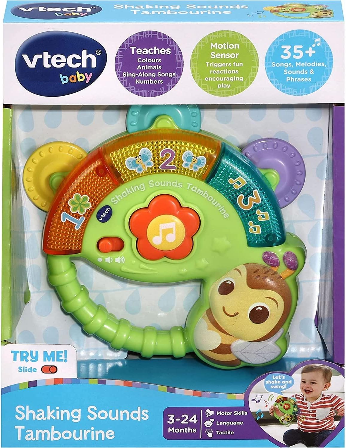 VTech infant tambourine featuring spinning cymbals and bright colors