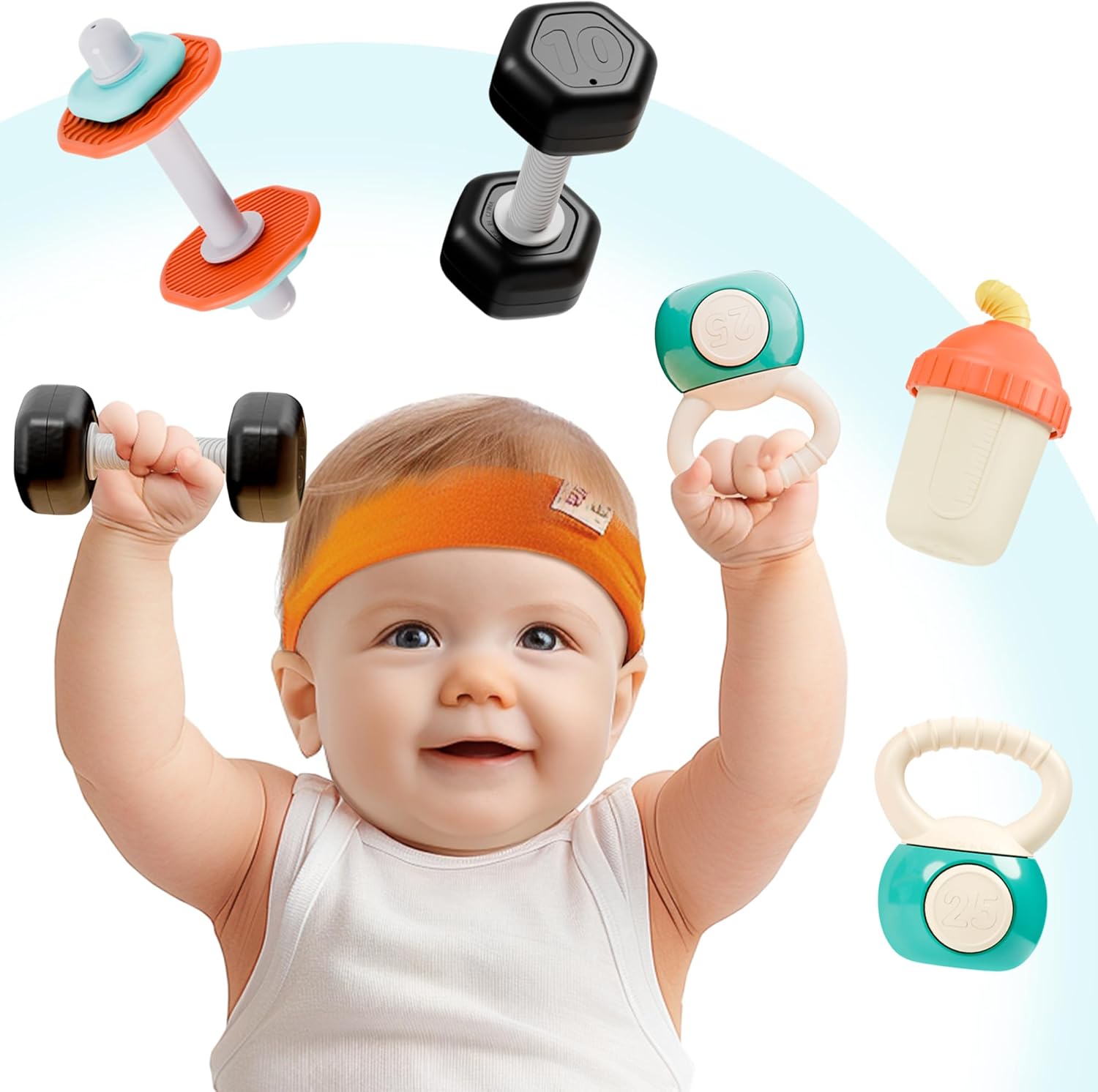 iPlay iLearn Baby First Gym Rattle Set front view of four piece infant fitness workout toys