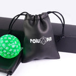 Poludie single game dice resting inside open drawstring pouch