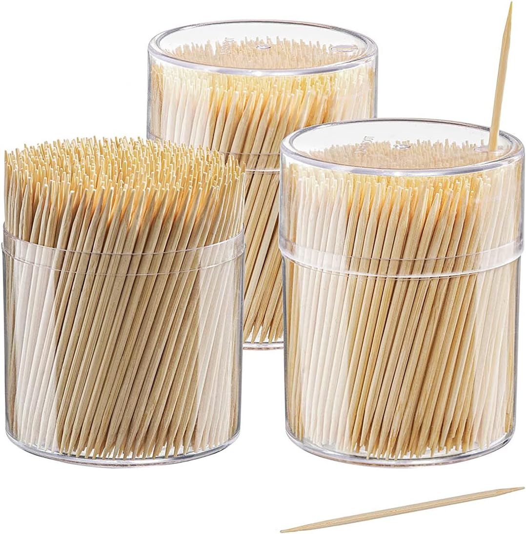 Gusto Comfy Package bamboo toothpicks front view in clear storage bottles.