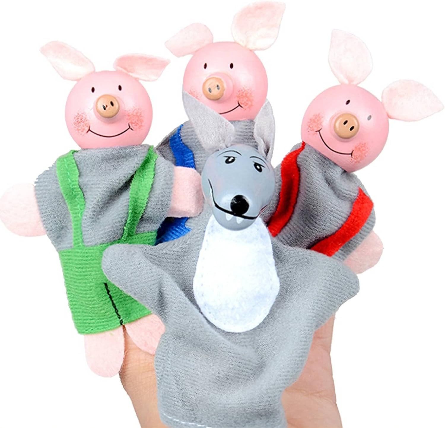 DIYScience Three Little Pigs finger puppets front view displaying all four characters