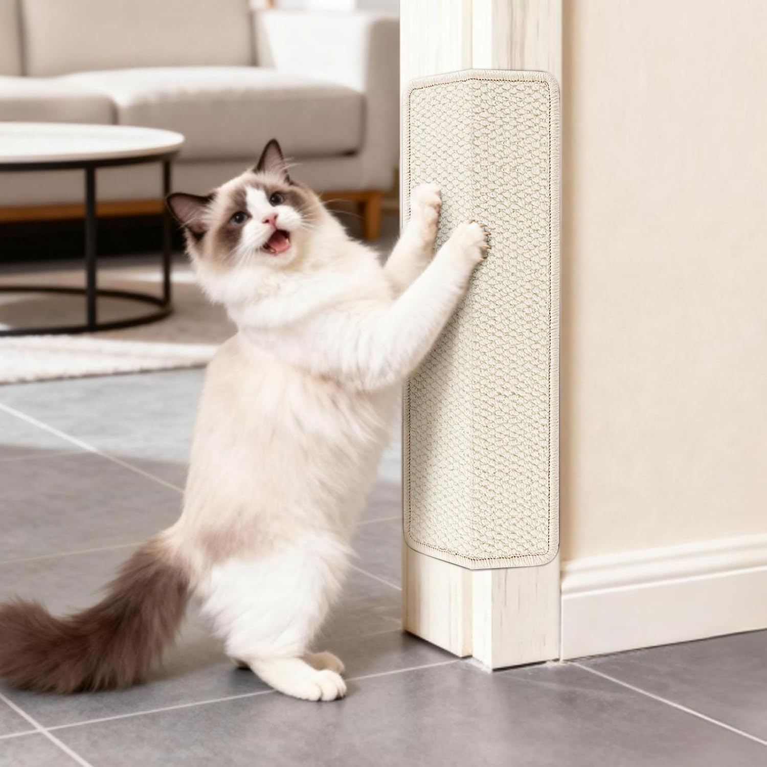 ENONCI door protector from cat scratching front view showing cream polypropylene yarn texture.