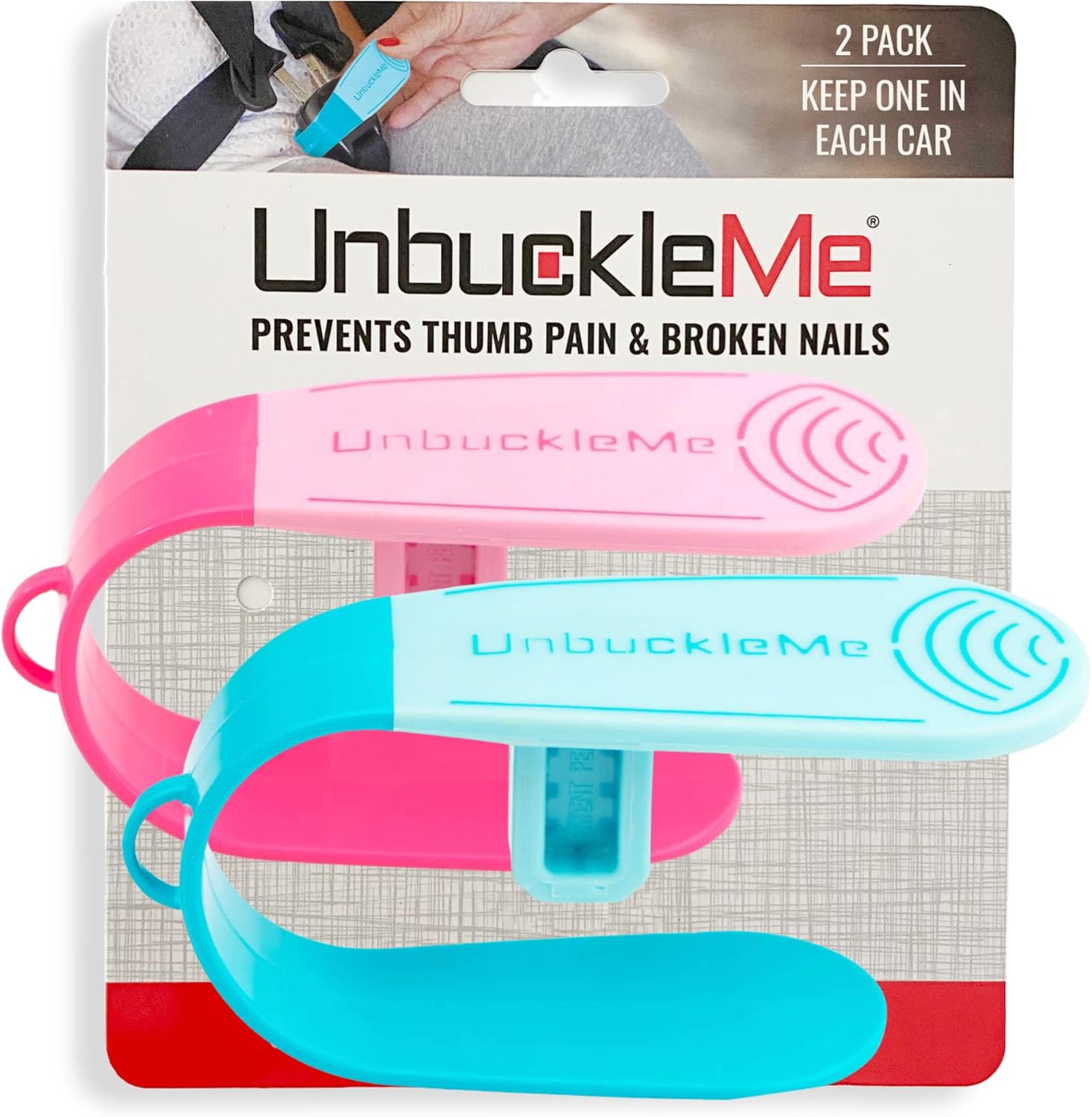 UnbuckleMe car seat buckle release tool blue and pink 2 pack front view