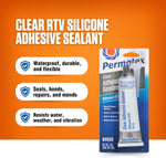 Permatex clear RTV silicone adhesive being applied to glass surface