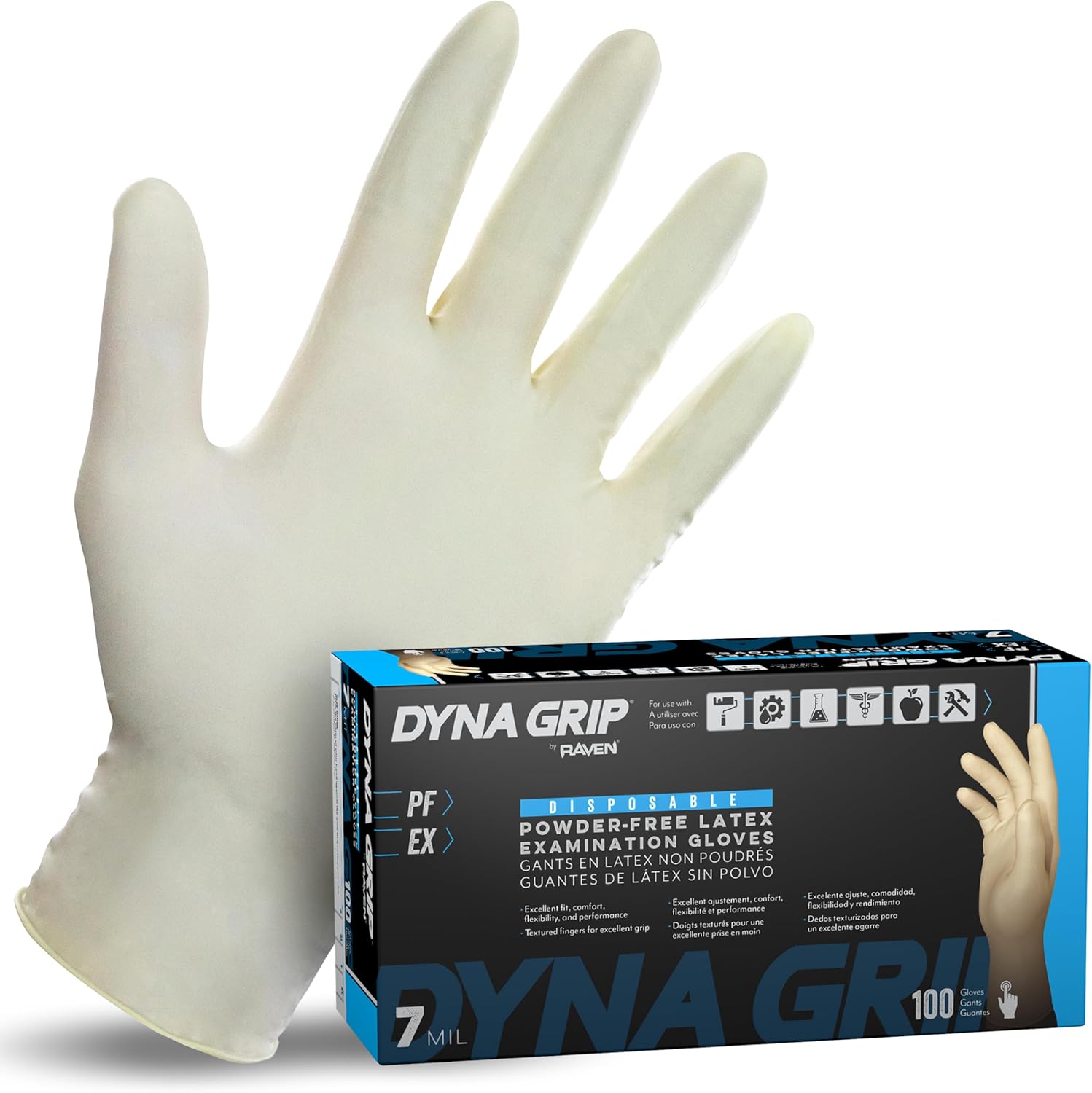 SAS Dyna Grip powder-free latex gloves box front view