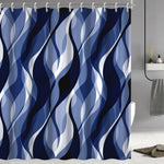 Ruelvth navy blue shower curtain front view showing modern abstract stripes