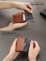 Toyfid brown leather wallet showing pop-up mechanism